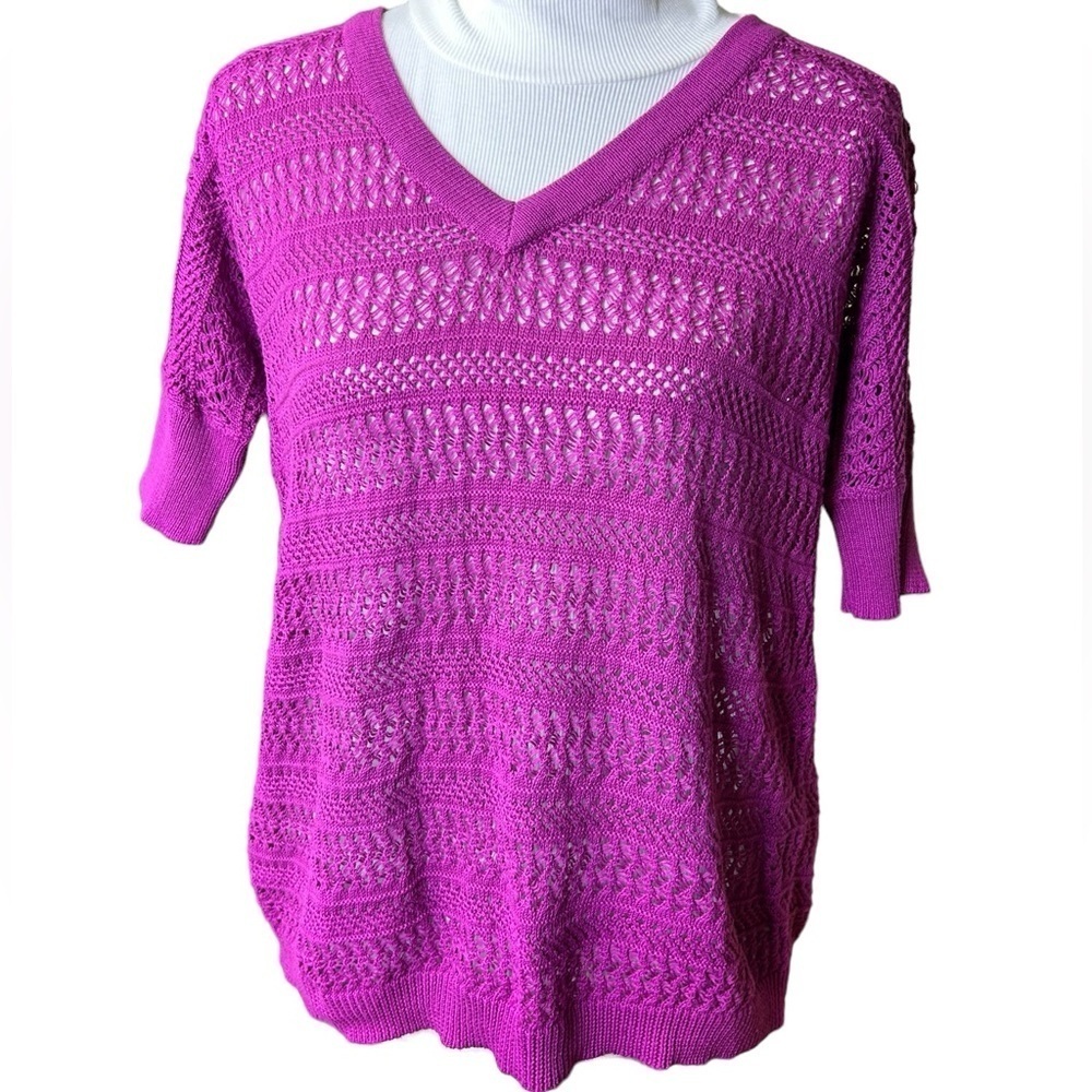 NEW Cable & Cage Petite Large V neck sweater loose sheer knit Petunia $68